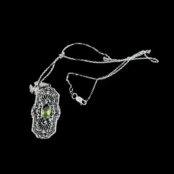 Sterling Silver Green Peridot Filigree Pendant Art Deco Revival 925 Silver Chain - Picture 6 of 7